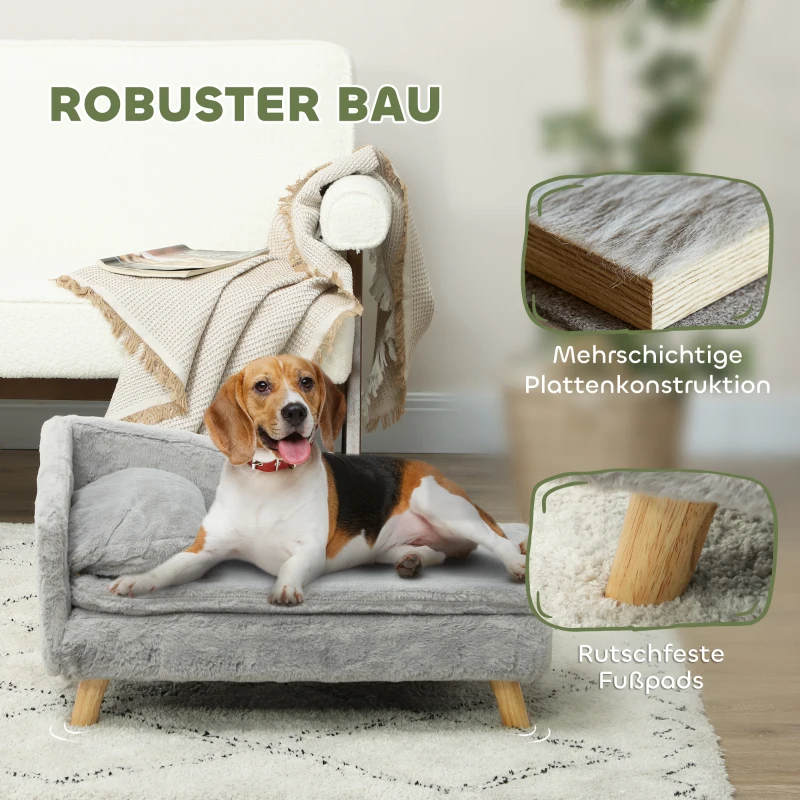 PawHut Hundesofa, weicher Plüschbezug, 2 Kissen, für Hunde bis 15 kg, 70 x 42,5 x 38,5 cm, Hellgrau