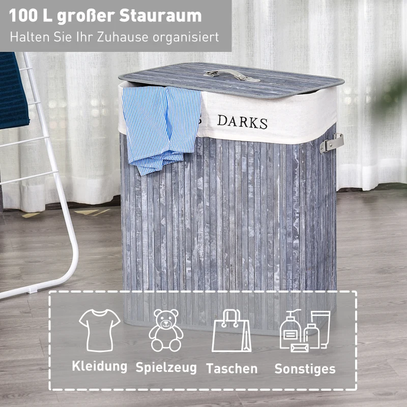 HOMCOM Bambus Wäschekorb mit Deckel 100 L Wäschesammler mit PU-Griffen, Wäschesack aus Segeltuch, Laundry Baskets Wäschesortierer für Waschküche Schlafzimmer Badezimmer Grau