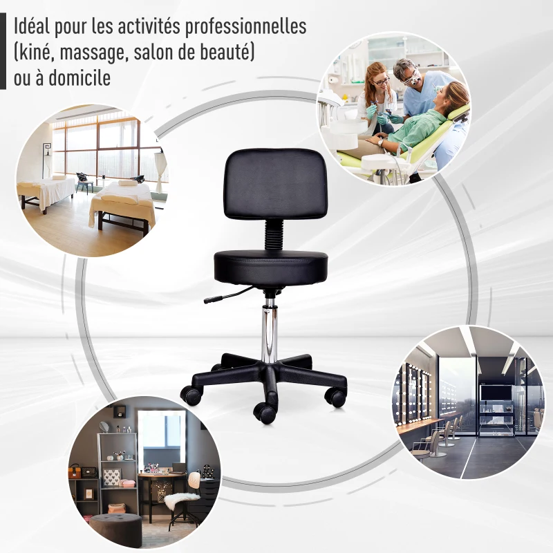 HOMCOM Tabouret massage a roulettes reglable en hauteur pivotant avec dossier ergonomique noir