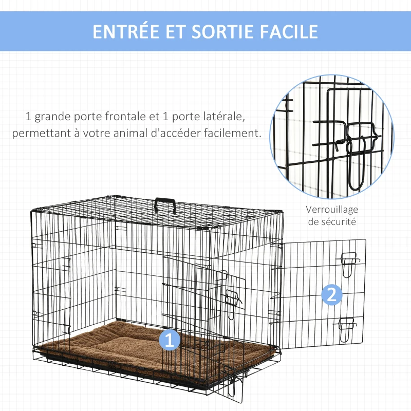 PawHut Cage caisse de transport pliante pour chien poignée, plateau amovible, coussin fourni 92 x 57 x 62,5 cm noir