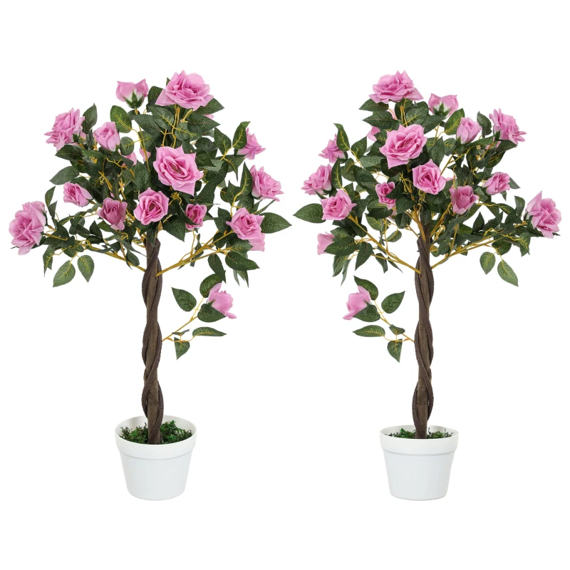 Outsunny Set of 2 Artificial Plants White Rose Floral in Pot, Fake Plants for Home Indoor Decor, 90cm, Purple