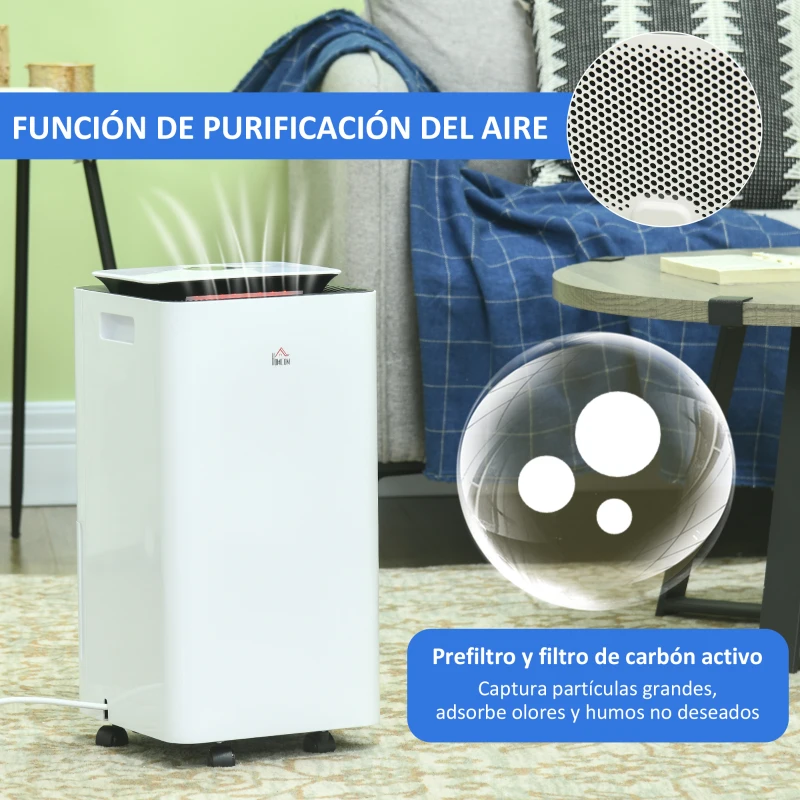HOMCOM Deshumidificador Eléctrico 12L/día Depósito de Agua 2,5 Litro con 5 Modos 2 Velocidades Temporizador 25x25x50,5cm Blanco