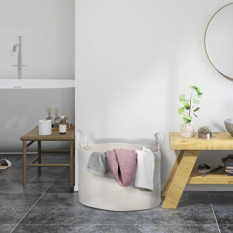 HOMCOM Cesto Portabiancheria da 88L Portatile e Pieghevole con Manici in Cotone Naturale, Ø56x35.5 cm, Crema