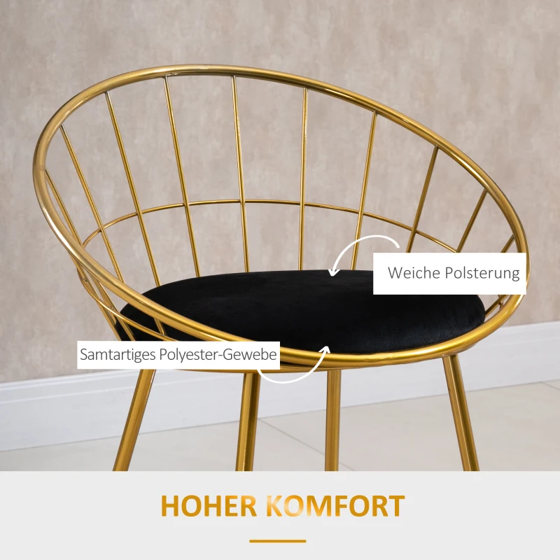 HOMCOM 2er-Set Barhocker Küchenhocker mit Rückenlehne Barstuhl Bistrohocker Tresenhocker für Küche Esszimmer Metall Samt-Touch-Polyester-Gewebe Gold+Schwarz 52,5 x 47 x 97 cm