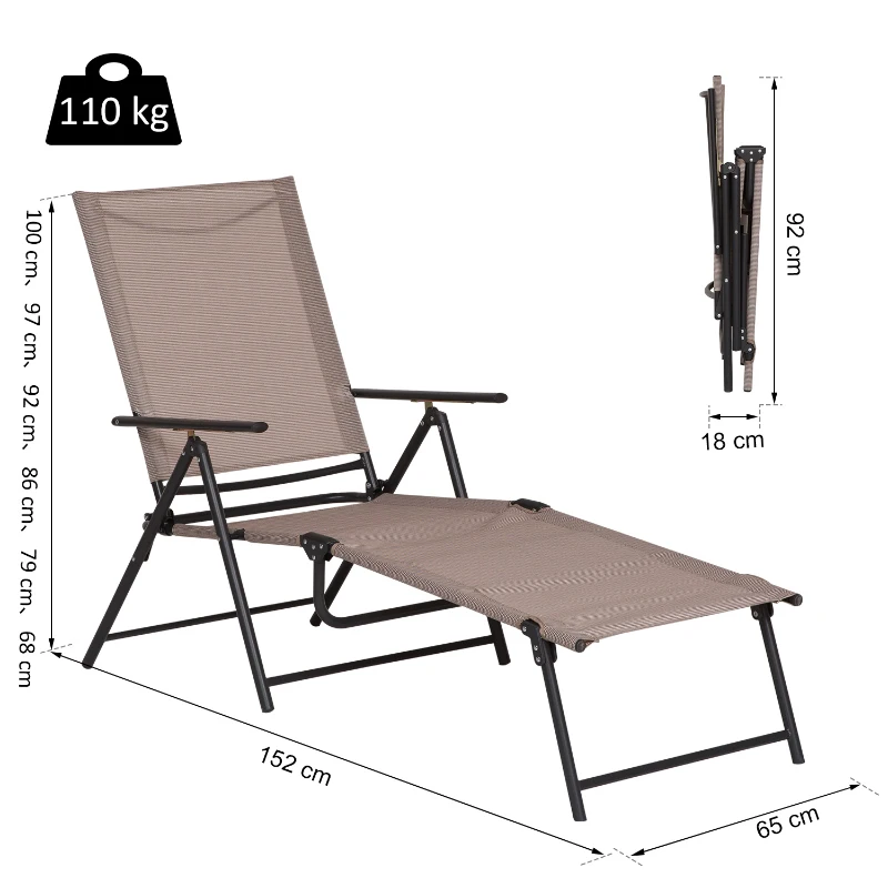 Outsunny Bain de Soleil Pliable transat inclinable 5 Positions Chaise Longue Grand Confort avec accoudoirs dim. 187,2L x 64,5l x 101H cm métal époxy textilène Sable