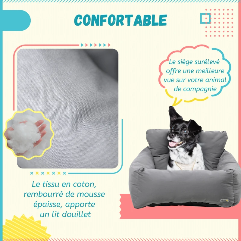 PawHut Siège d'auto pour animaux de compagnie sac de transport chien et chat rembourré de coton PP épais sûr et confortable fond antidérapant 50 x 54 x 33 cm gris foncé