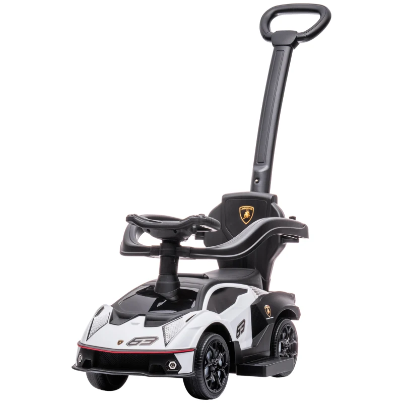 AIYAPLAY 2 en 1 Coche Correpasillos para Niños 12-36 Meses Lamborghini Essenza SCV12 Andador Empujador con Bocina Mango de Empuje y Barandilla Extraíbles 86,5x40x89,5 cm Blanco y Negro