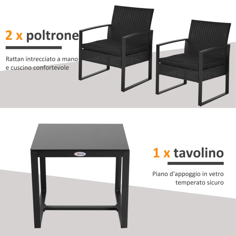 Outsunny Set da Balcone, Tavolino e 2 Sedie da Esterno in Rattan con Cuscini, Nero