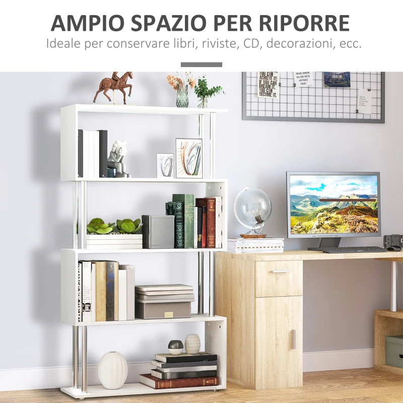 HOMCOM Libreria a 4 Ripiani Design Moderno in Legno e Metallo, Libreria Scaffale per Soggiorno, Studio, Ufficio, 80x30x145cm Bianca