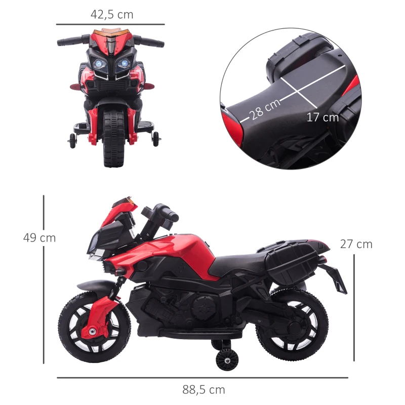 HOMCOM Moto électrique Enfant 6 V 3 Km/h Effet Lumineux et sonore roulettes Amovibles Repose-Pied valises latérales métal PP Rouge Noir