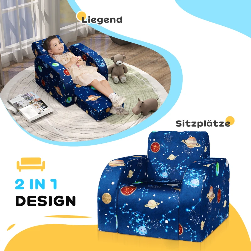 AIYAPLAY Kindersessel mit Bettfunktion, bis 3 Jahre/45 kg, Planeten-Muster, 46,5x93x28,5 cm, Blau