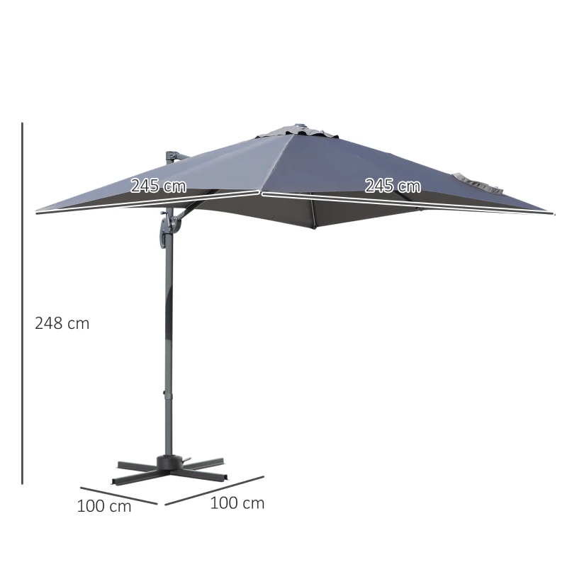 Outsunny Parasol déporté carré inclinable manivelle avec pied en acier dim. 2,5L x 2,5l x 2,5H m alu. polyester haute densité gris
