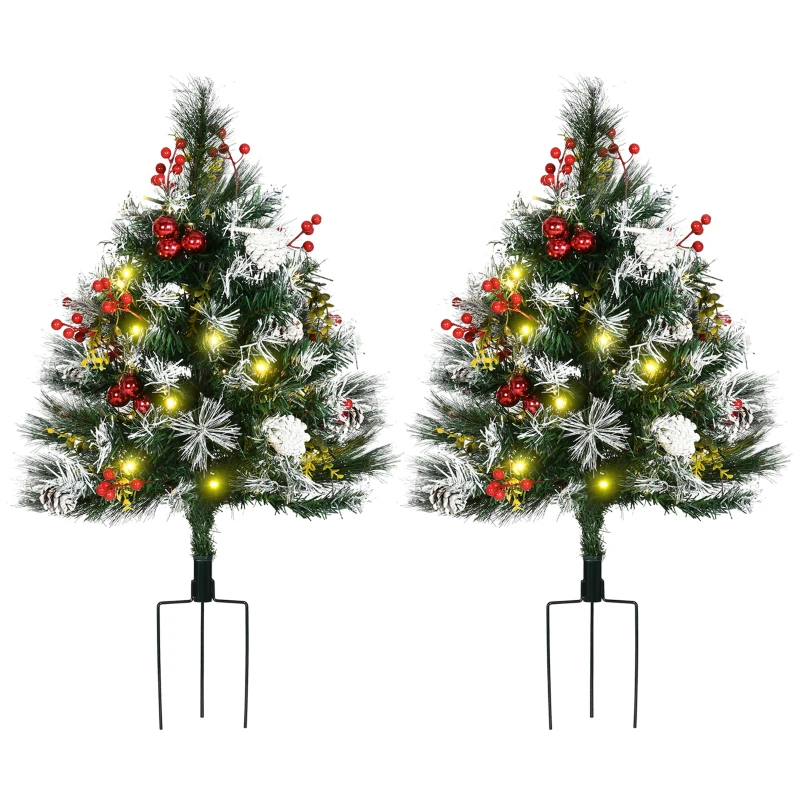 HOMCOM Sapin de Noël artificiel hauteur 75 cm aspect enneigé - lot de 2 sapins LED - 8 modes d'éclairage - 70 branches - décoration incluse - usage extérieur intérieur