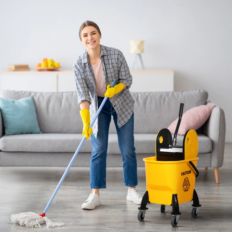 HOMCOM Secchio Lavapavimenti Professionale con Strizzatore Manuale, 4 Ruote e Maniglia in Metallo, Giallo