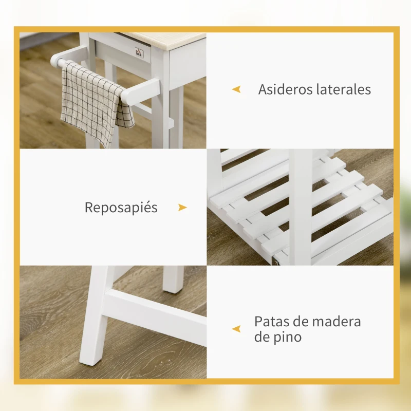 HOMCOM Carrito de Cocina de Madera con 2 Taburetes Mesa con Ruedas Ala Abatible Cajones y Estante 87x74x86 cm Blanco
