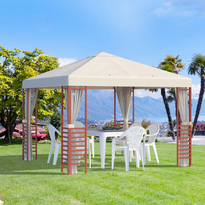 Outsunny Gartenpavillon, bis 15 Personen, Softtop, Fliegennetze, Stahlrahmen, beige, 296 x 296 x 260 cm