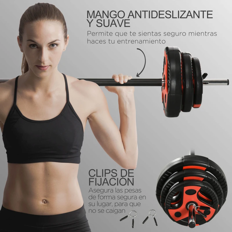 SPORTNOW Juego de Barra de Pesas con 6 Discos de Diferentes Pesos para Entrenamiento de Fuerza Ø27x140 cm Negro y Rojo
