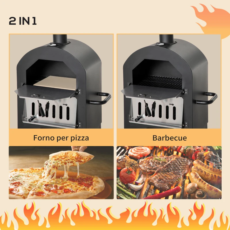 Outsunny Forno per Pizza e Barbecue a Carbone Portatile in Acciaio con Camino e Ruote, 63x54x161 cm, Nero
