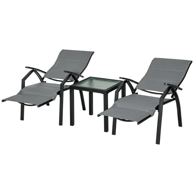 Outsunny Set da Giardino con 2 Sedie a Sdraio Reclinabili Imbottite e Tavolino in Vetro, Grigio