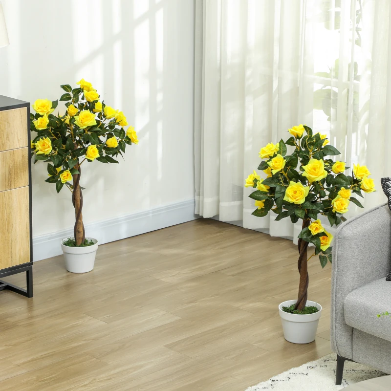 Outsunny Set of 2 Artificial Plants White Rose Floral in Pot, Fake Plants for Home Indoor Decor, 90cm, Yellow