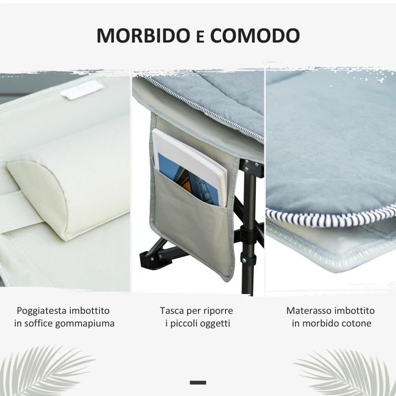 Outsunny Lettino da Campeggio Pieghevole e Imbottito con Tasca Portaoggetti, 188x64.5x53 cm, Grigio chiaro