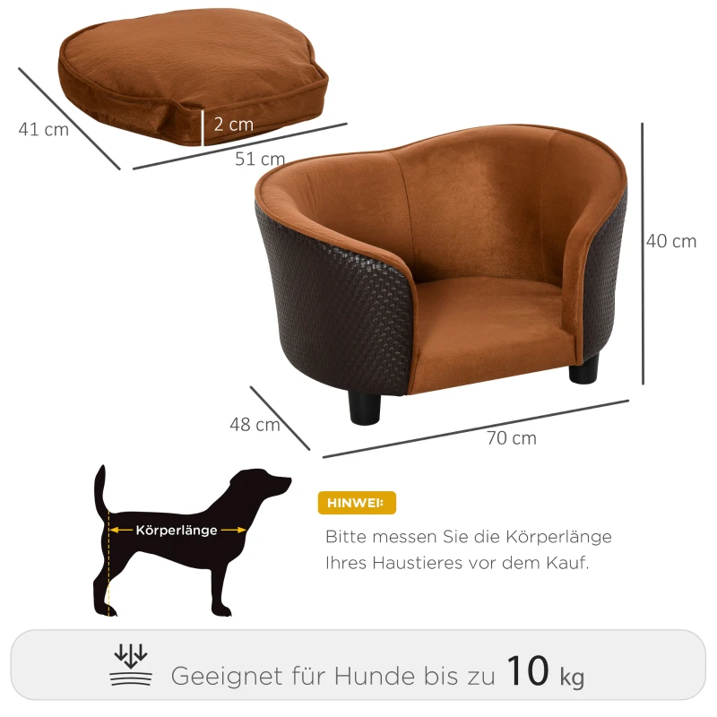 PawHut Hundesofa mit Kissen, Hundecouch, Haustiersofa, Hundematte, Hundebett, Wildlederimitat, Braun, 70 x 48 x 40 cm