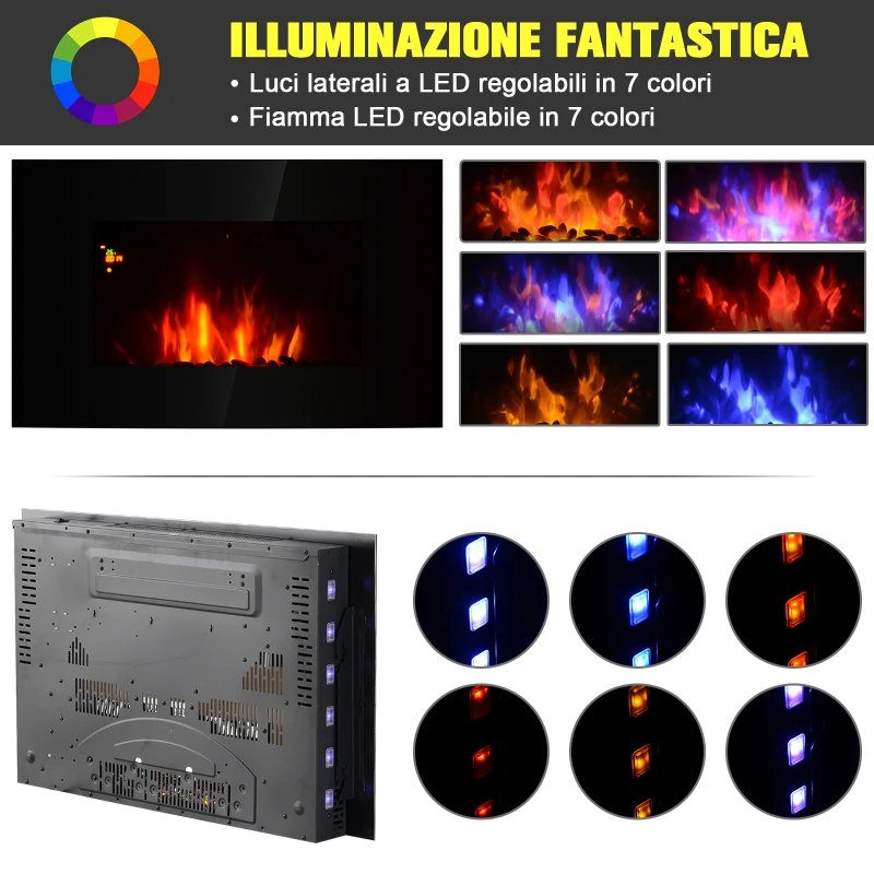 HOMCOM Camino Elettrico da Parete Potenza 1000W/2000W Effetto Fiamma 7 Colori con Telecomando 90 × 9.5 × 56cm