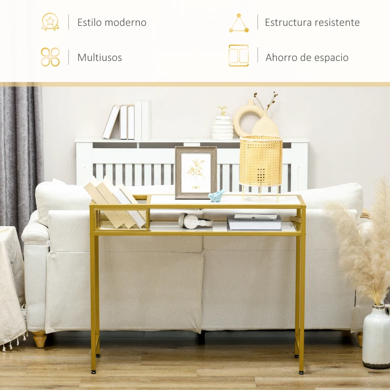 HOMCOM Mesa de Entrada con Estante Cesta de Almacenamiento y Marco de Acero Mueble Recibidor 100x30x80 cm Oro y Blanco