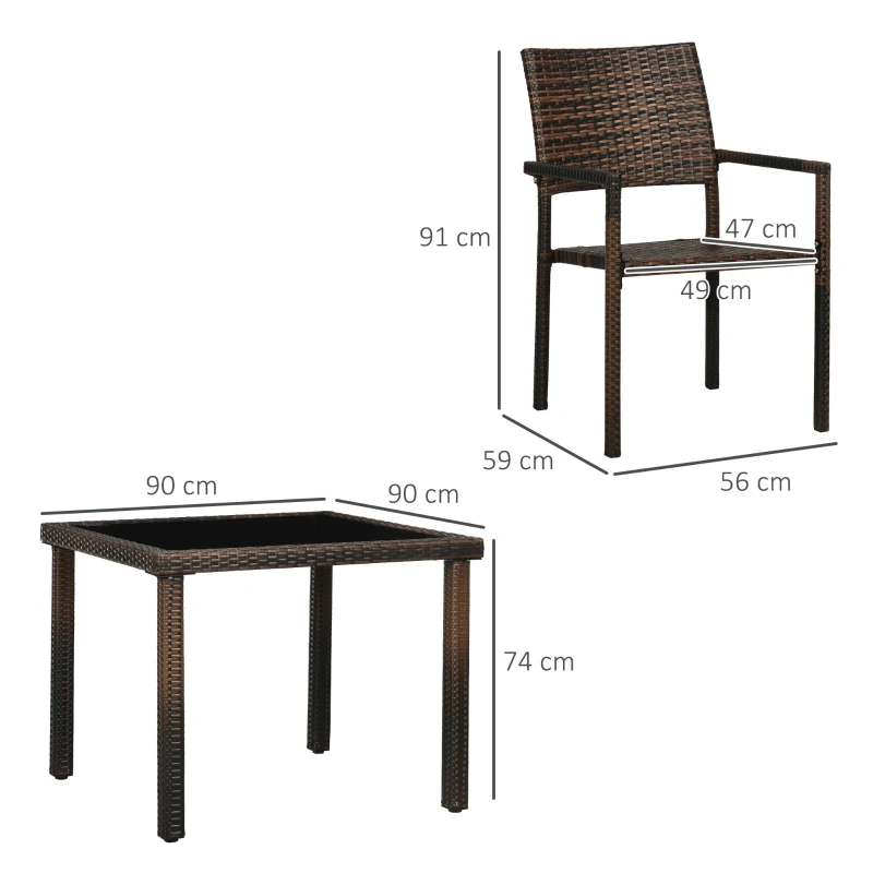Outsunny Conjunto de Muebles de Ratán Sintético de Jardín Mesa con Encimera de Cristal y 4 Sillas para Exterior Marrón