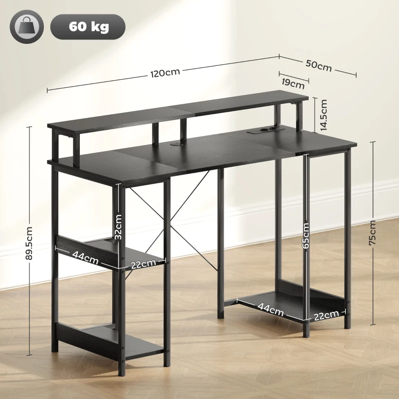 HOMCOM Scrivania per PC Reversibile con Prese Elettriche, Luci, Supporto Monitor e Scaffale, 120x50cm, Nero