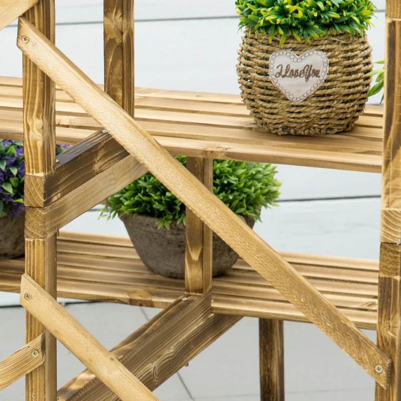 Outsunny 3 Tier Outdoor Plant Stand, Wood Ladder Shelf, Flower Pot Display Rack for Garden Backyard