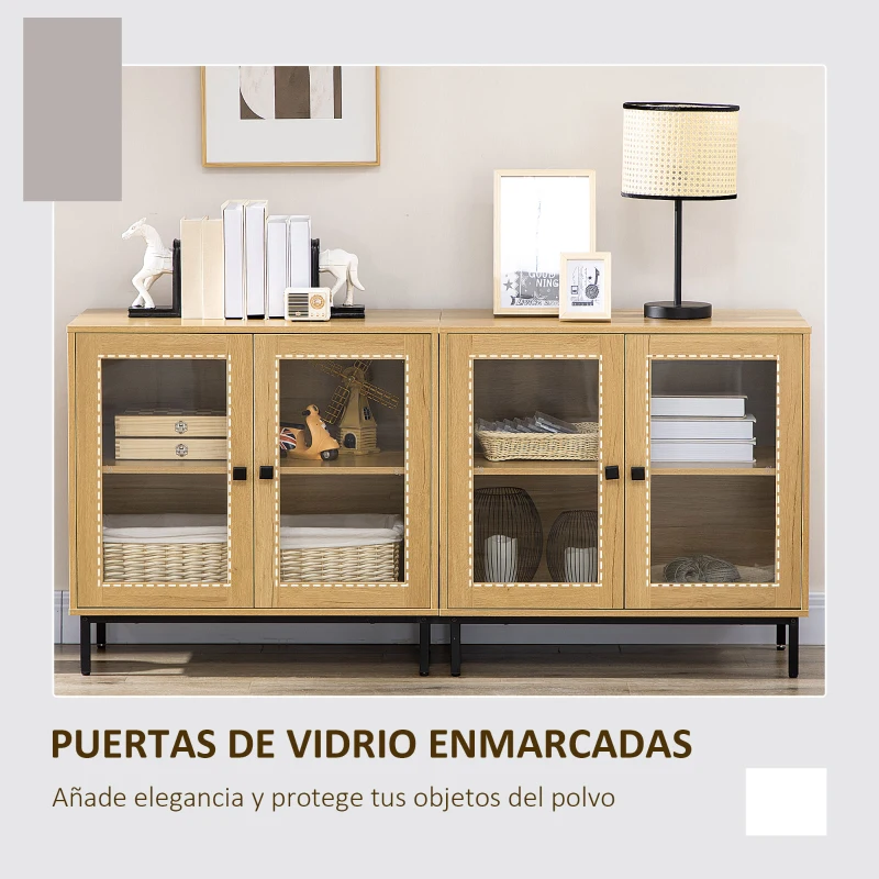 HOMCOM Juego de 2 Aparadores para Salón con Puertas de Vidrio y Patas de Metal para Comedor Dormitorio 160x40x76cm Roble