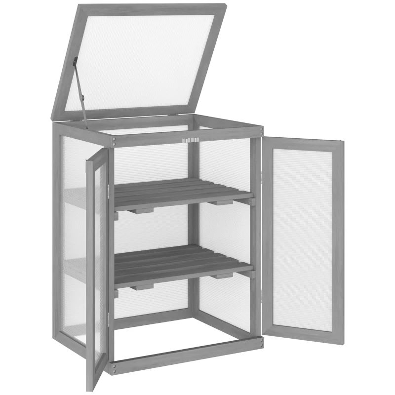 Outsunny Mini Serre de Jardin 3 Niveaux dim. 58L x 44l x 78H cm Vitrages Transparents en Polycarbonate Double Porte Toit ouvrant pour Jardin Balcon et Porche Bois Sapin lasuré