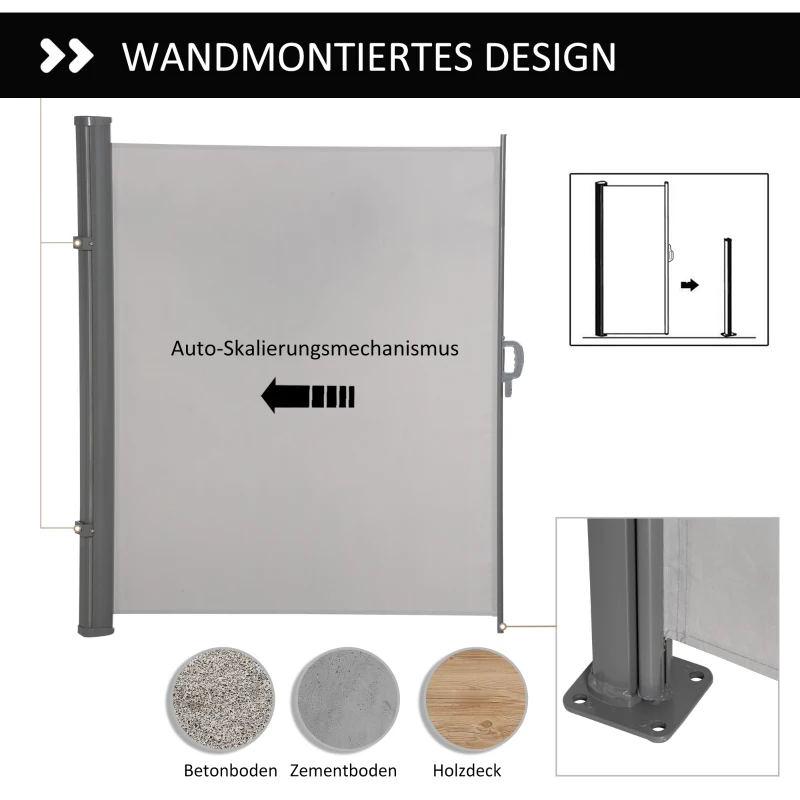 Outsunny Seitenmarkise 300 x 160 cm Sicht- und Sonnenschutz Seitenrollo für Balkon Terrasse UV50+ Polyester Grau