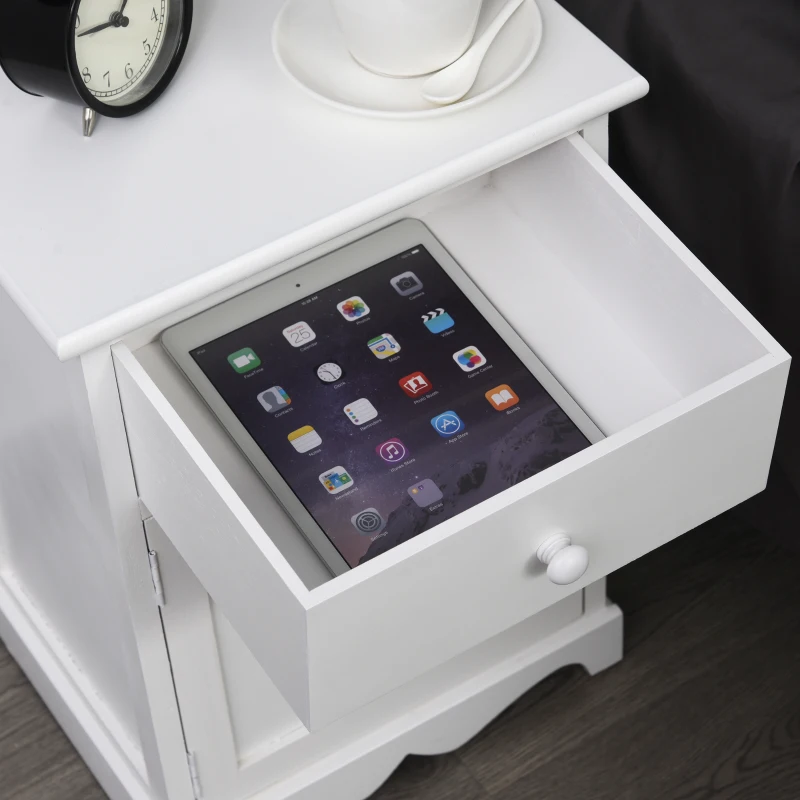 HOMCOM Set 2 Comodini in Legno Bianco con 1 Cassetto e 1 Armadietto in Stile Rétro per Camera da Letto, 35x30x49cm