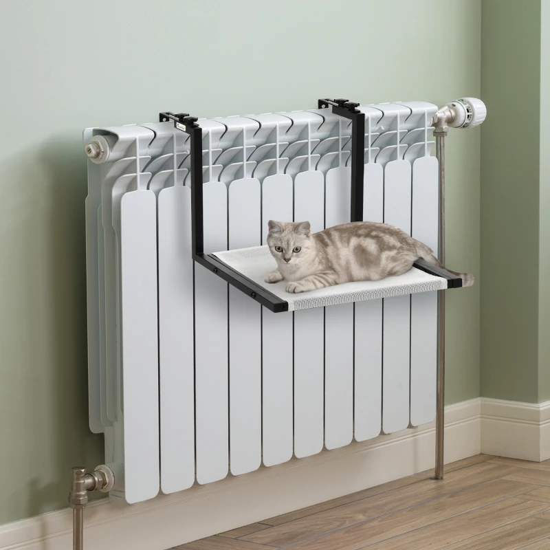 PawHut Hamaca Gatos para Radiador con Gancho Ajustable Cama Colgante de Tela Extraíble Marco de Acero para Protector de Chimenea 42,5x54x34 cm Negro y Beige