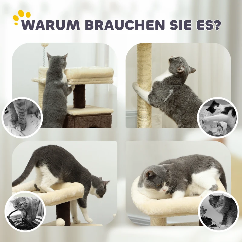 PawHut Katzenbaum, teilbarer Katzenturm mit Kratzpfosten, Sprungplattformen, für den Indoor-Bereich, Dunkelbraun+Weiß