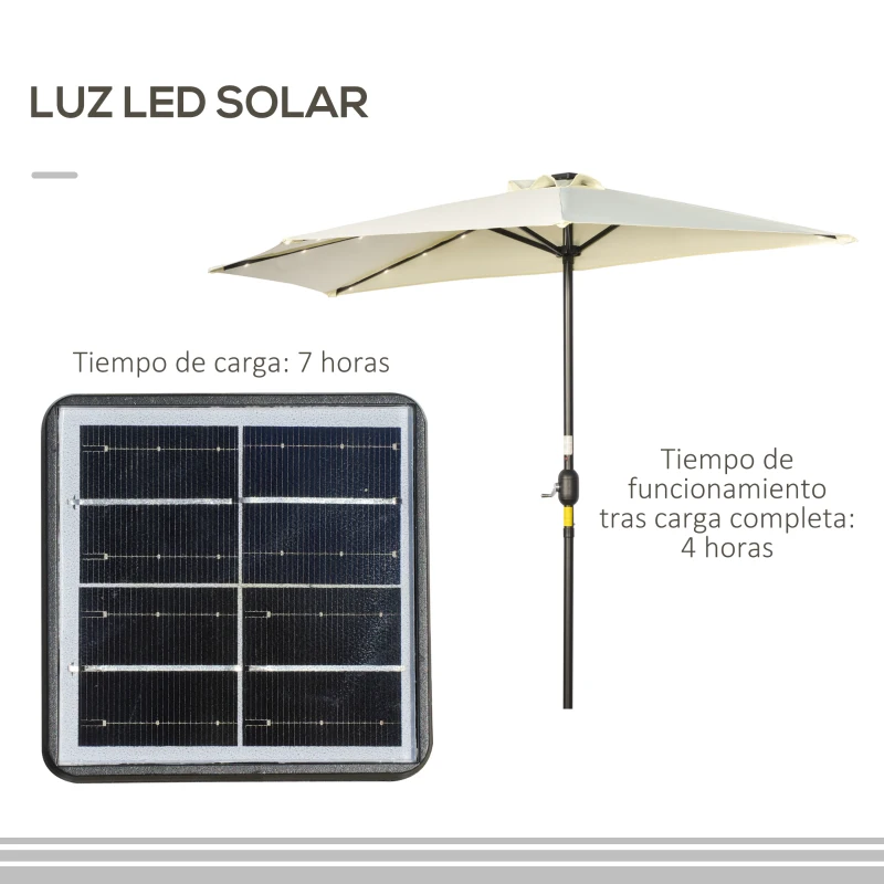 Outsunny Sombrilla de Jardín con 24 Luces LED Solar 270x135x240 cm Parasol Semicircular con Manivela para Balcón Terraza Beige
