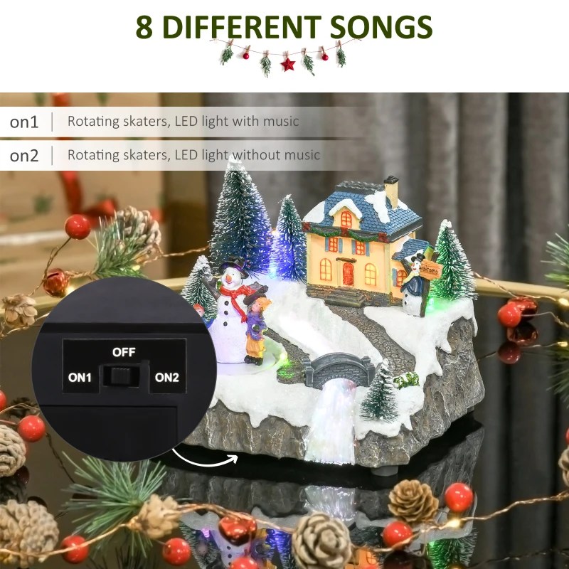HOMCOM Animated Christmas Village Scene Musical Holiday Decoration with LED Light, Music, Fiber Optic, Rotating Skating Pond, Battery-Operated