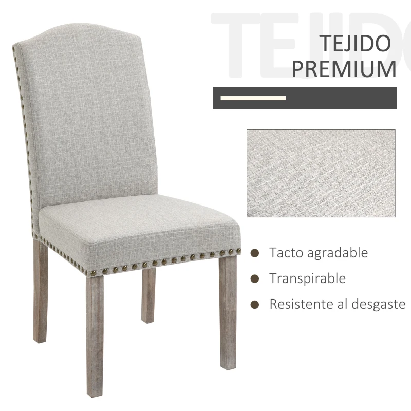 HOMCOM Juego de 2 Sillas de Comedor Cocina con Respaldo Alto de Remaches y Patas de Madera Almohadillas Ajustables 51x64x99,5 cm Gris