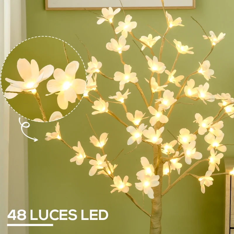 HOMCOM Árbol de Flor de Cerezo con 48 Luces LED IP44 en Blanco Cálido Decoración para Interiores 18x18x120 cm Caqui