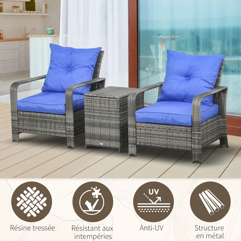 Outsunny Ensemble salon de jardin en résine tressée 3 pièces 2 fauteuils + table basse avec espace de rangement caché plateau ouvrable coussins fournis acier 50 x 40 x 54,5 cm gris et bleu