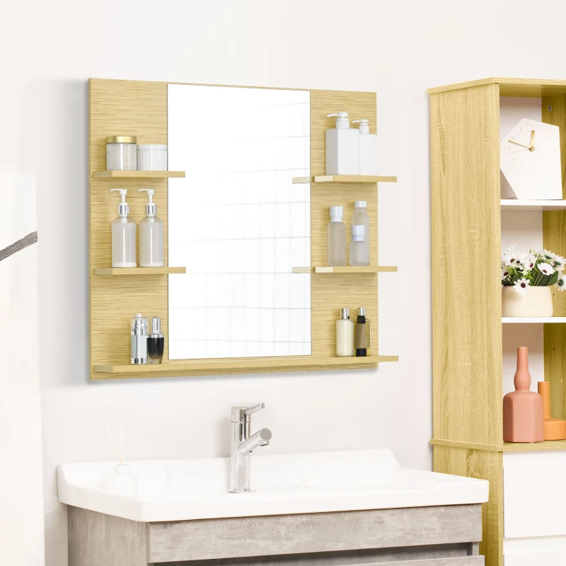 kleankin Specchio da Parete Rettangolare per Bagno con 4 Ripiani Laterali e Ampio Ripiano Inferiore, in MDF e Vetro, 80x12.5x70cm
