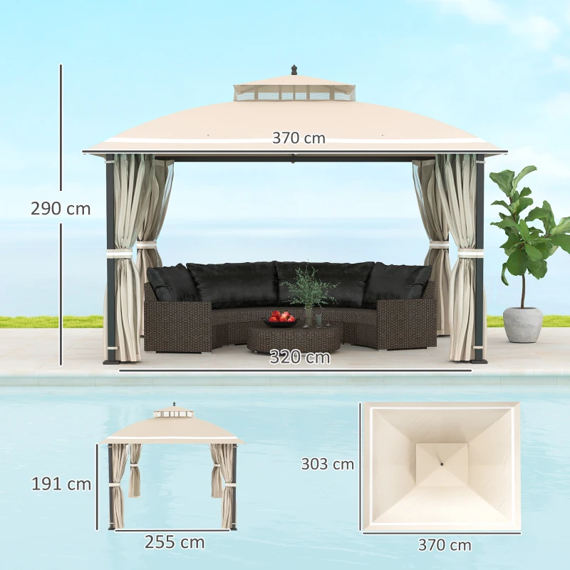 Outsunny Gazebo da Giardino 3.7 x 3 m con Zanzariera, Tende Laterali e Doppio Tetto, Beige