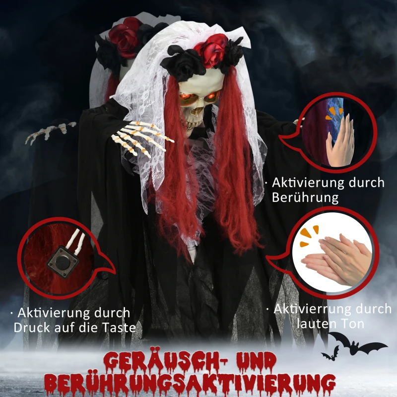 HOMCOM Halloween-Dekoration Skelettbraut, LED-Augen, heult, dreht sich, Geräusch- & Bewegungssensor, 100 cm