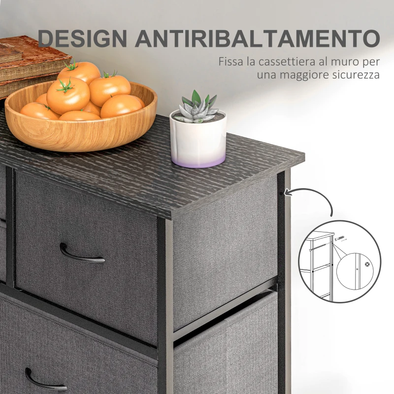 HOMCOM Cassettiera 10 Cassetti Moderna in Tessuto non Tessuto, Acciaio e MDF, 100x30x100 cm, Nera