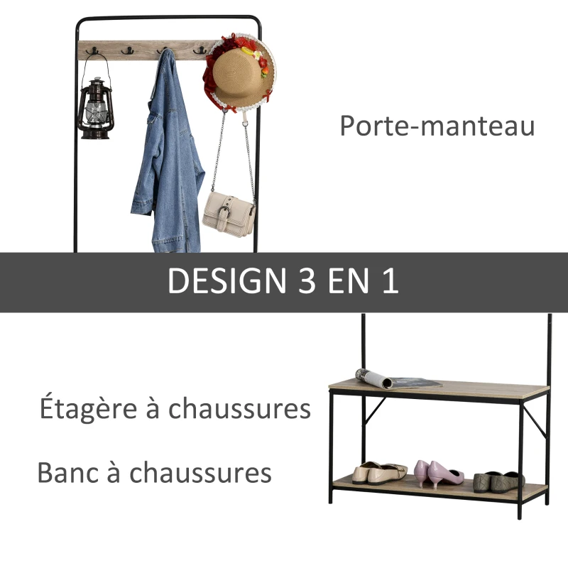 HOMCOM Porte-Manteaux avec étagère à Chaussures Vestiaire d'entrée Style Industriel 80L x 30l x 170H cm Imitation chêne Clair métal Noir