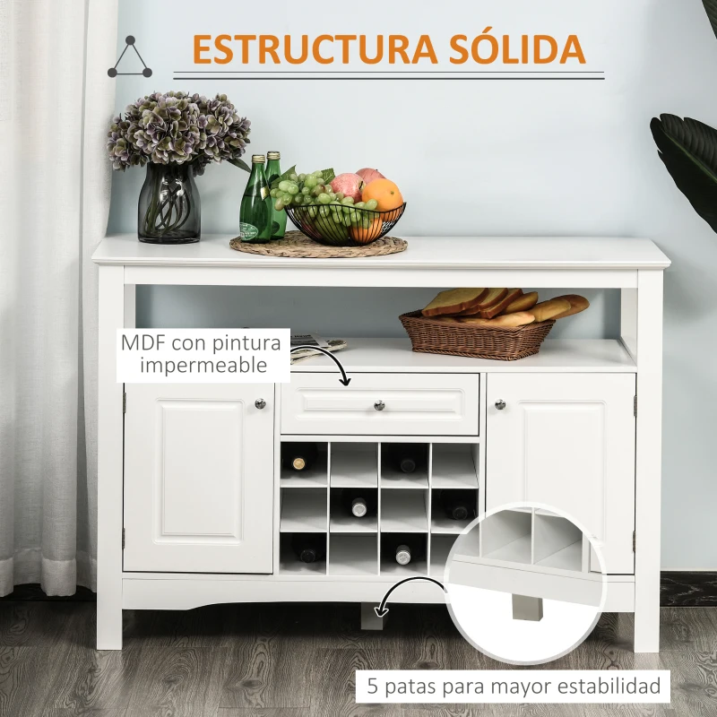 HOMCOM Aparador de Comedor con 1 Cajón 1 Estante Abierto 2 Puertas y Botellero para 12 Botellas 116,5x40x82,5 cm Blanco