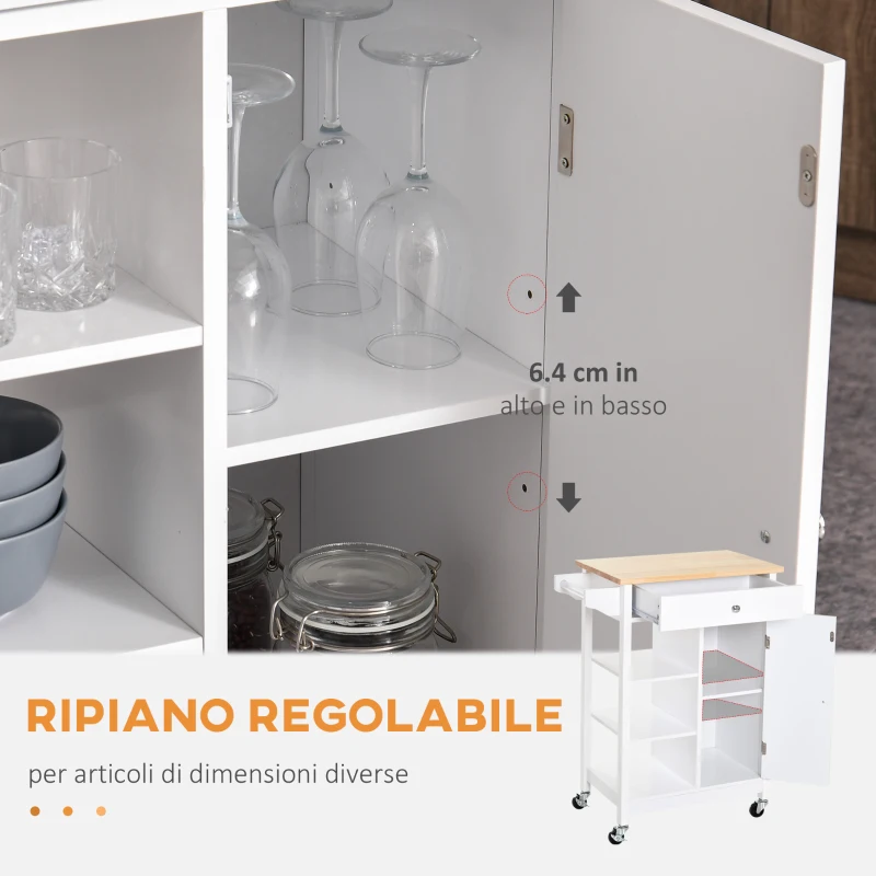 HOMCOM Carrello da Cucina Salvaspazio in MDF con Piano di Lavoro in Legno di Gomma, Cassetto, Armadietto, 3 Mensole, Ripiani Regolabili, Porta Strofinacci e Ruote Girevole, 66x39.5x86.5cm, Bianco