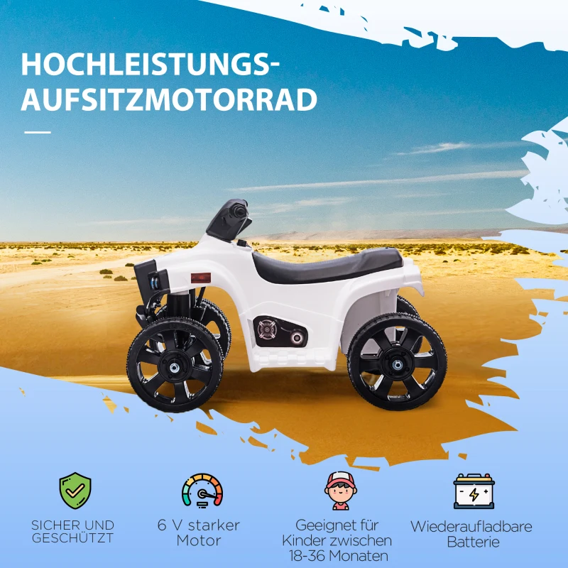 HOMCOM Mini Elektro-Quad Kinder Elektro ATV Kinderwagen für 18 bis 36 Monaten Elektromotorrad mit 2 Scheinwerfer Elektroquad Strandauto-Form PP Stahl Schwarz+Weiß 65 x 40 x 43 cm